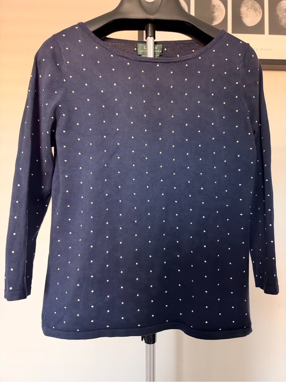 Lauren Ralph Lauren Women's Blue
White Polka Dot Boat Neck 3/4
Sleeve T-shirt L